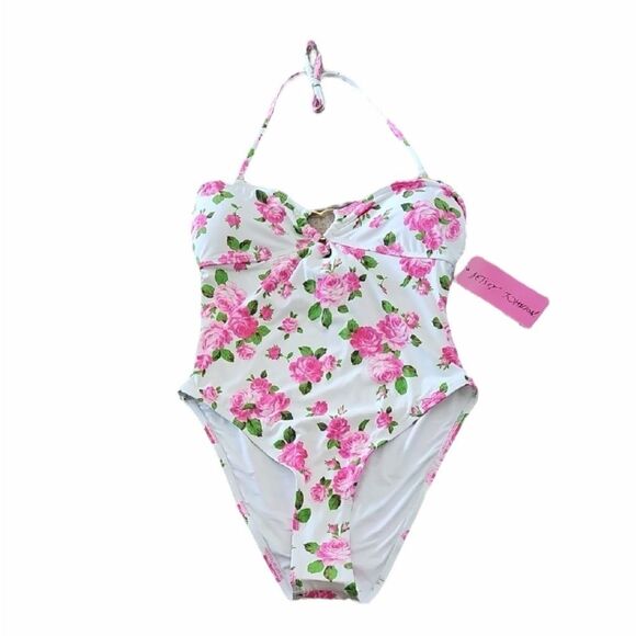 Betsey Johnson Love Always Bandeau One Piece Swimsuit Floral Roses Size L NEW - Picture 1 of 8